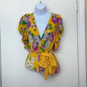 ZARA TRF Collection Women Yellow Floral Print Wrap Blouse, Size XS